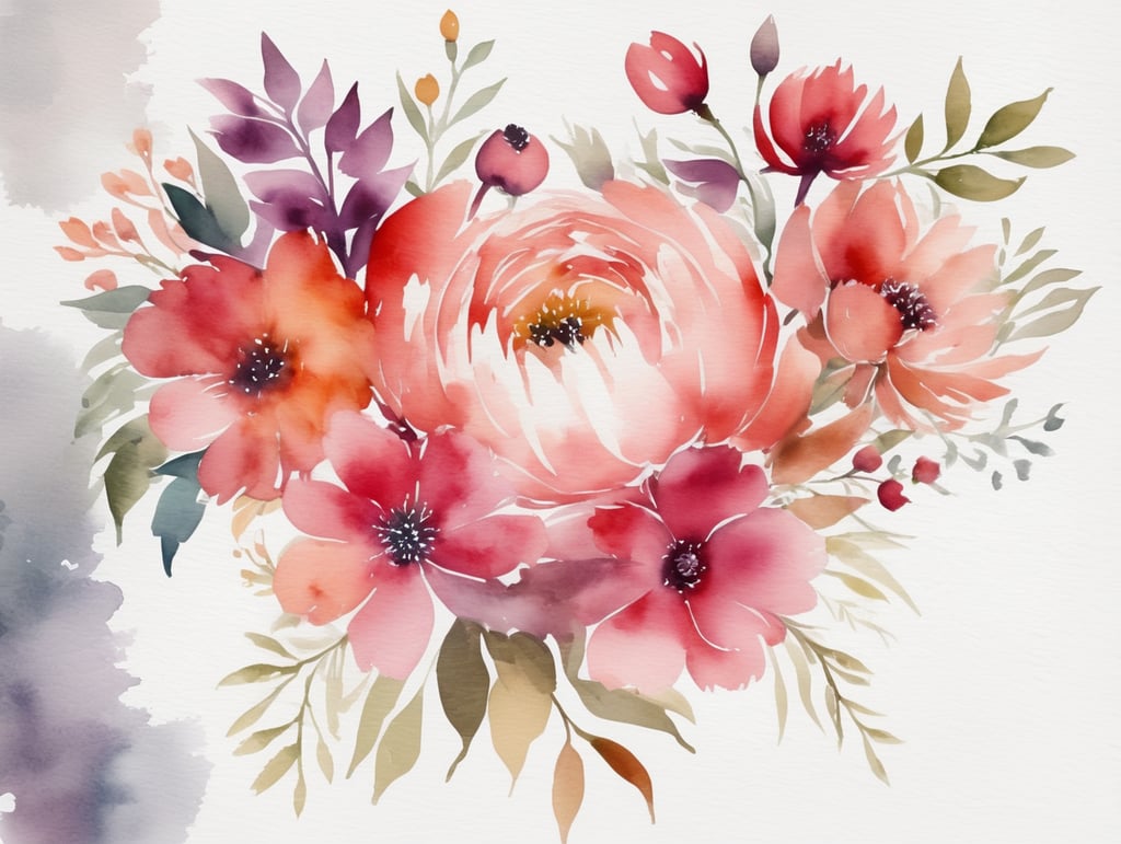 Watercolor Floral design, on full White background,Elegant, Botanical,Bright, Blooming, Decorative, Colorful, Gorgeous, Masterpieces.