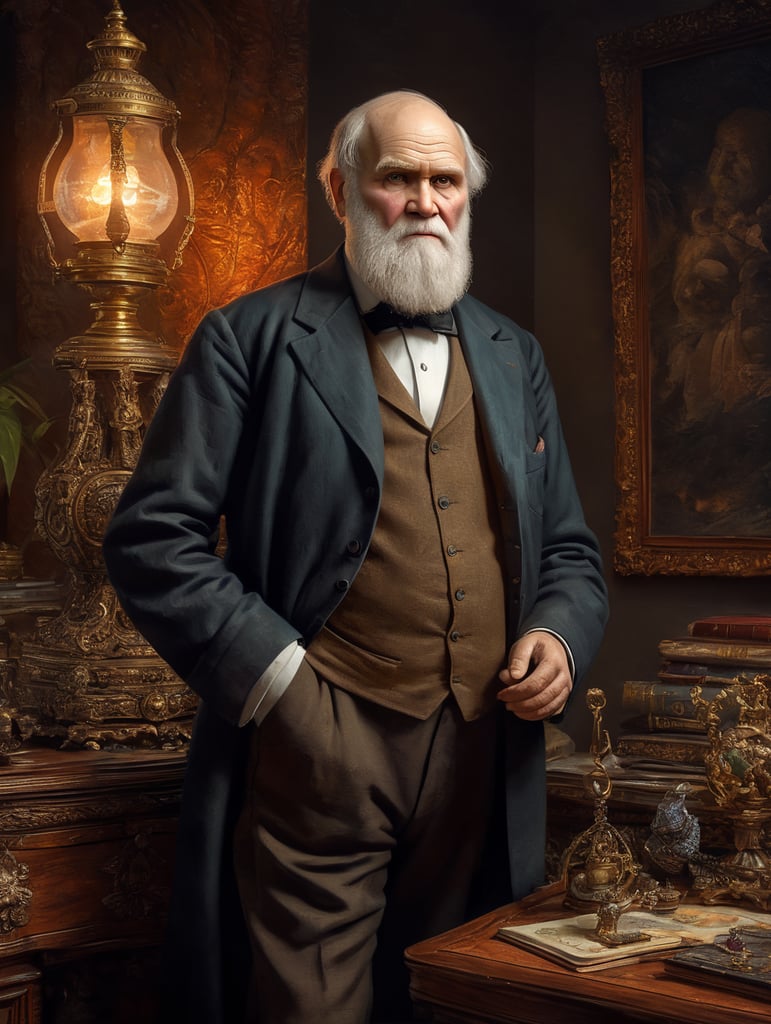 standing centered Portrait of Charles Darwin, bright and saturated colors, highly detailed, sharp focus, Bright expressive, Dramatic Lighting, Depth of field, Incredibly high detailed, on a white background