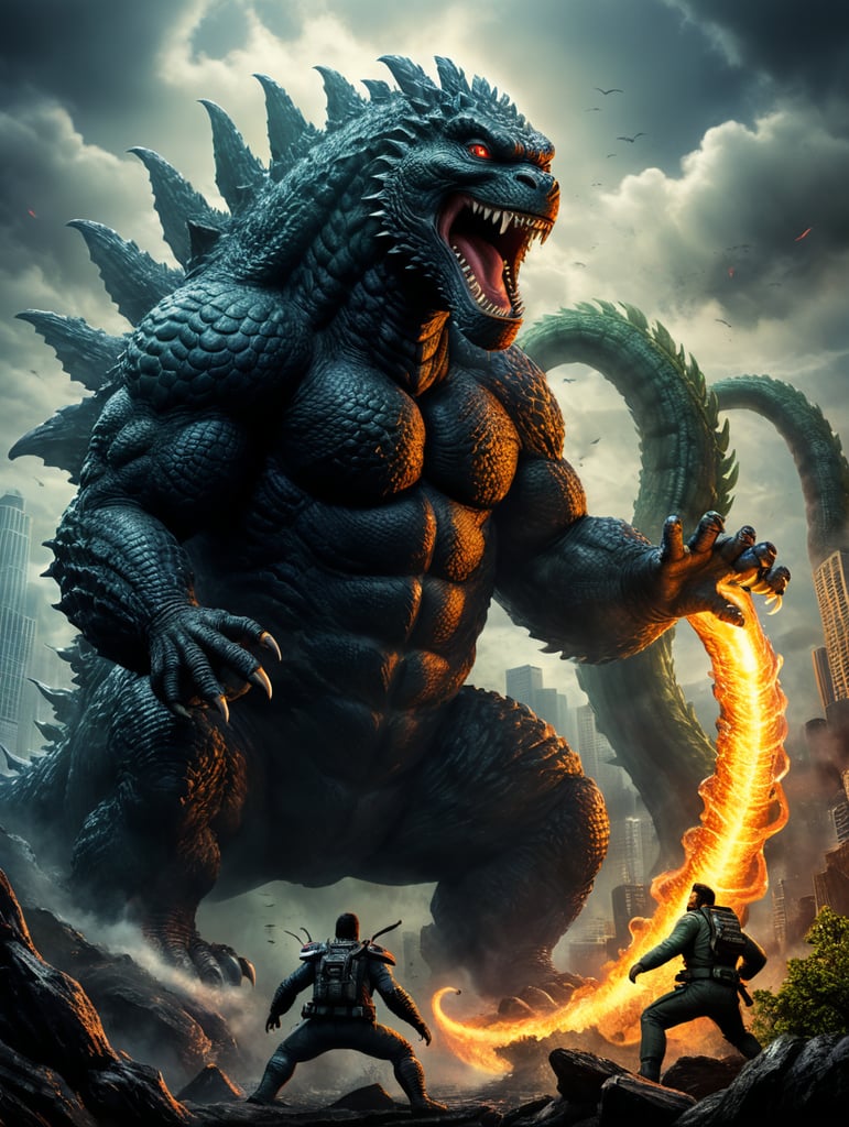 make a godzilla movie poster with him fighting a giant snake with small feet and hands and small wings on its back named godzilla vs reptilicus