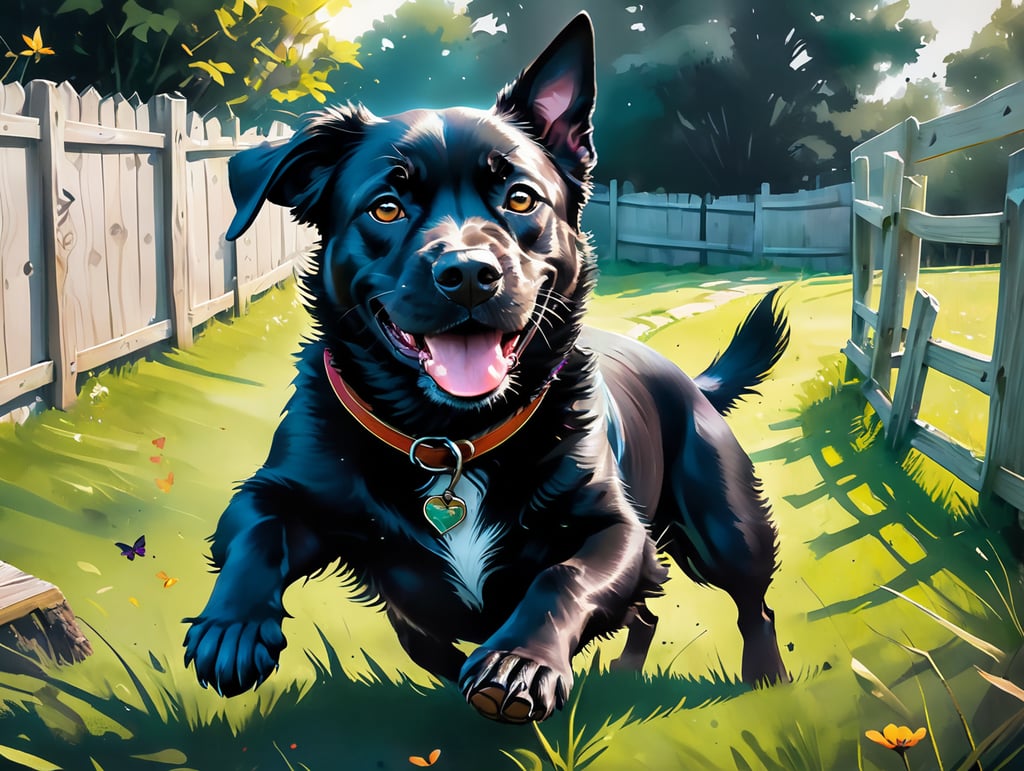 Black dog looking happy, content, silly rolling on his back with legs in the air on grass in a garden with a solid wooden fence behind