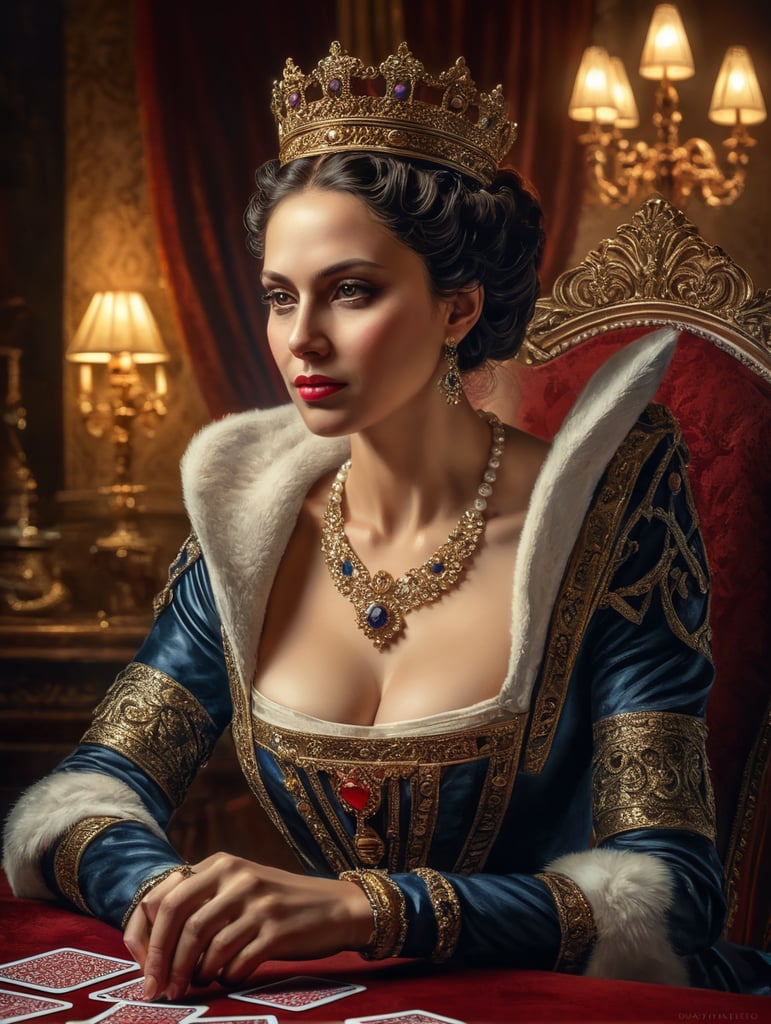 classical royalty portrait art. queen playing cards. dramatic lighting oil paint texture. high quality artwork. traditional art historical themed. royal elegance fine art.