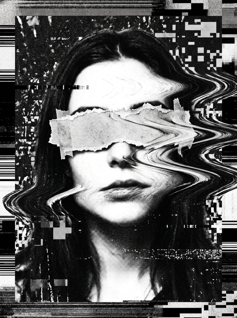 A monochrome portrait of a woman's face with torn paper covering her eyes, heavily warped by severe digital glitch distortion. Fluid, wavy deformations stretch horizontally across the frame, warping her facial features and the jagged edges of the paper. The aesthetic is strictly black-and-white with extreme contrast between pure darks and bright highlights. Dense static noise, granular halftone textures, and scanner-like pixelation disrupt the visual field, framed by heavily banded, corrupted borders.