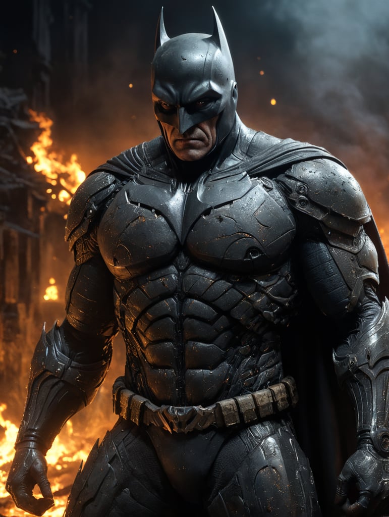 Old Batman, in the future, at night, fire and dead bodies in everywhere,