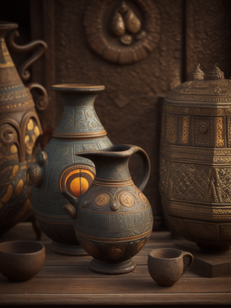 foto de jarra precolombina hecha en la jarra está centrada en la foto y al fondo, desenfocada, hay decoración precolombina