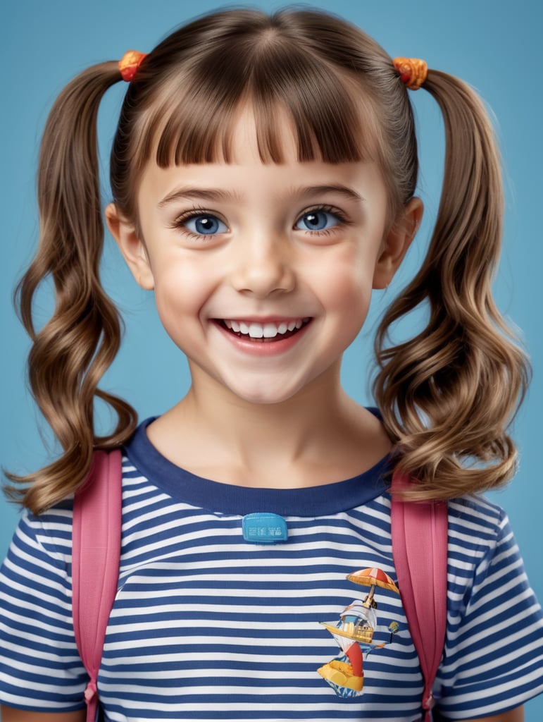 photo happy little girl going to travel, cute girl, Striped T-shirt, blue background, harpers bizarre, cover, headshot, hyper realistic