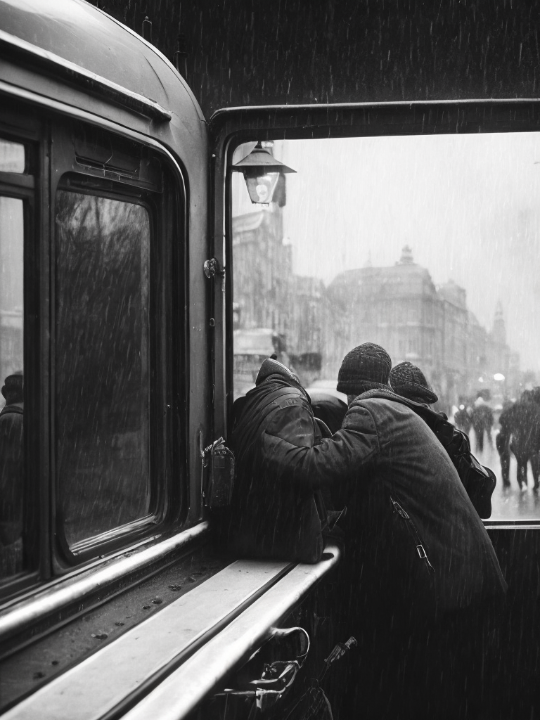 View of a bus full of people going to work, view from inside a dropped bus window, winter 1978, berlin, rain, black & white, realistic