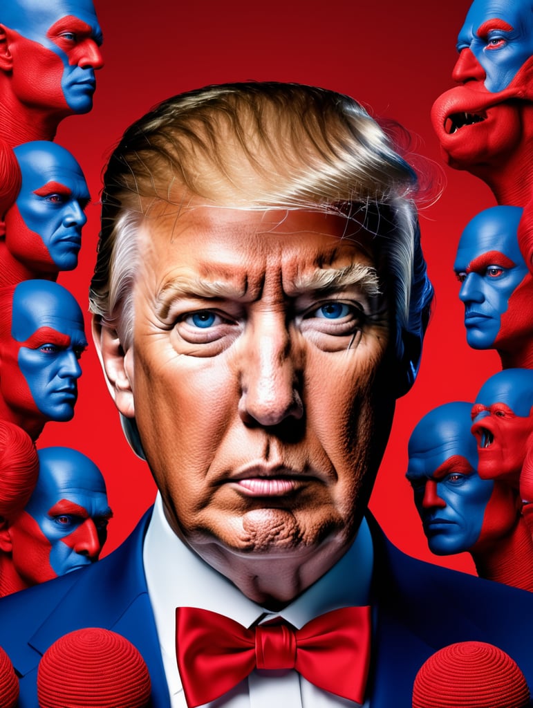 Donald Trump, avant-garde, simplygo, photoshoot spread, dressed in all red, blue background, harpers bizarre, cover, headshot, hyper realistic