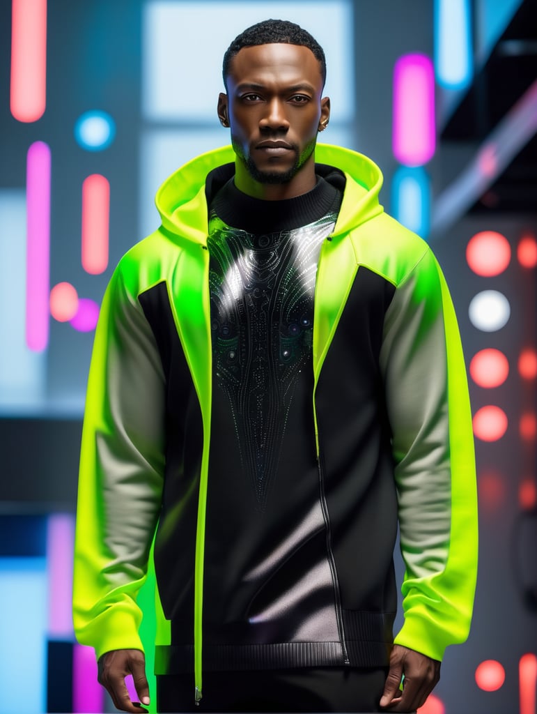 Cyborg black man wearing black crewneck sweater, in a studio for a photo shoot, bright colours, high contrast, contrast lights