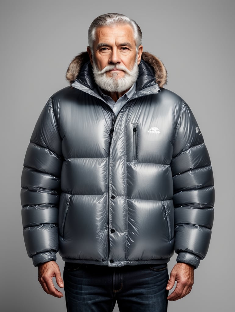 Inflatable white minimalist old man with beard puffer jacket, transparent, isolated, grey background, mockup