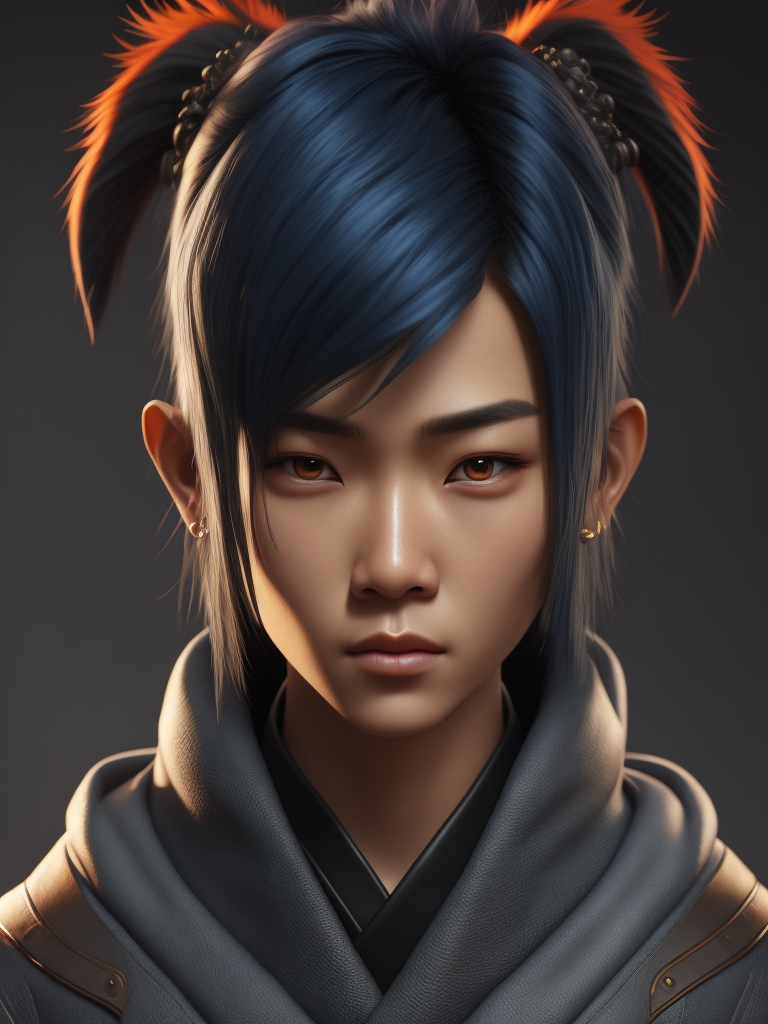 Cute ninja 3d character, korean fashion, colorful hair, blender render, y2k, art toy, creative