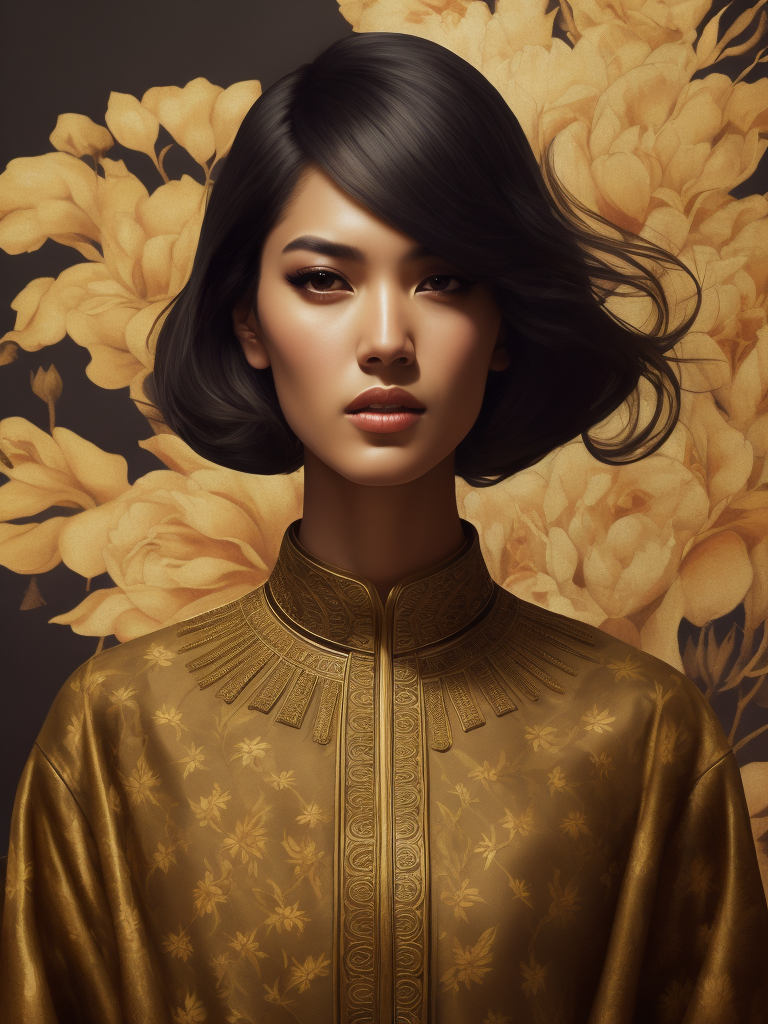 eiza gonzález portrait by ikenaga yasunari and ayana otake and ko rakusui, 60s poster, drawing, realistic, sharp focus, japanese, dreamy, nostalgia, faded, golden hues, floral clothes