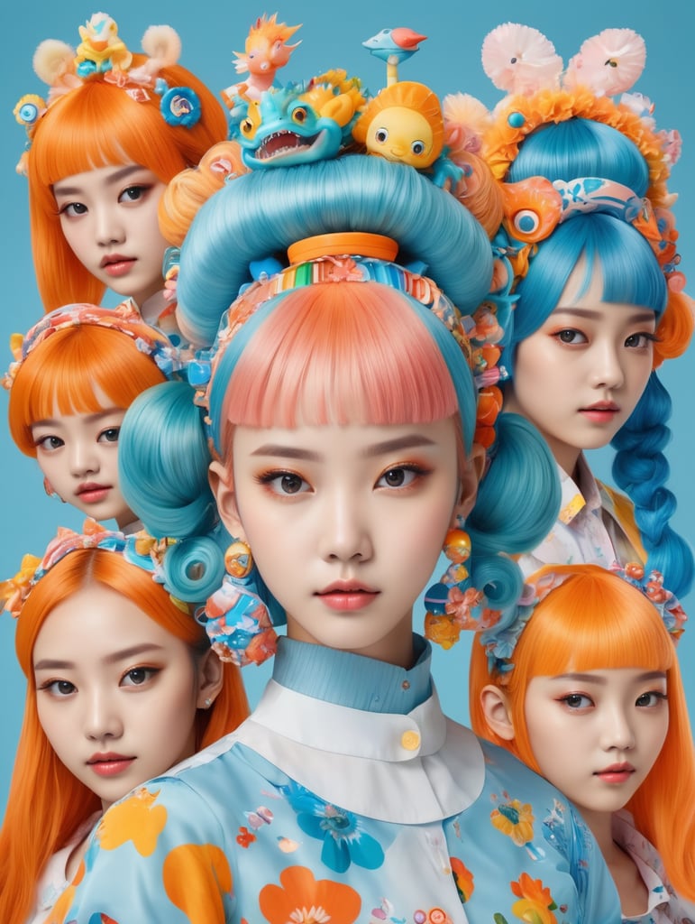 girls with toy characters and bright hair wearing colorful hair accessories, in the style of joong keun lee, multi-layered, dinocore, ren hang, pattern explosion, plasticien, light orange and light blue