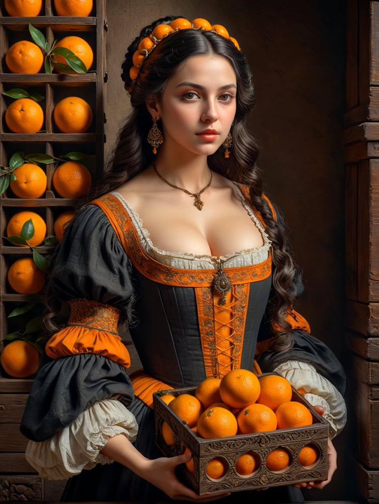 A portrait of a girl, an Italian woman in 17th-century clothing, holding a box of ripe oranges. Oranges have a regular texture and a bright orange color. The box is made of dark wood with a beautiful texture. The girl has long black hair