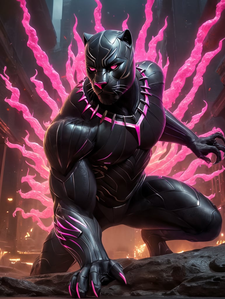 A black panther looking at the camera surrounded by neon pink flames