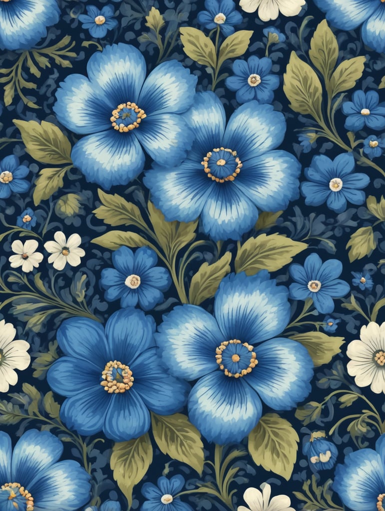 Seamless pattern beautiful floral pattern with blue flowers in the background, in the style of polish folklore motifs, juliana nan, mexican folklore - inspired, tivadar csontváry kosztka, clara peeters, texture exploration, blue color scheme, blue pallete, amoled, 264k render HD