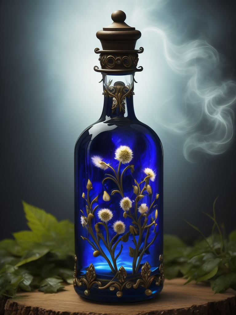 Magic elixir bottle from, carved glass, decorated with flowers and gems, fairy atmosphere, illumination, dark blue color, smoke