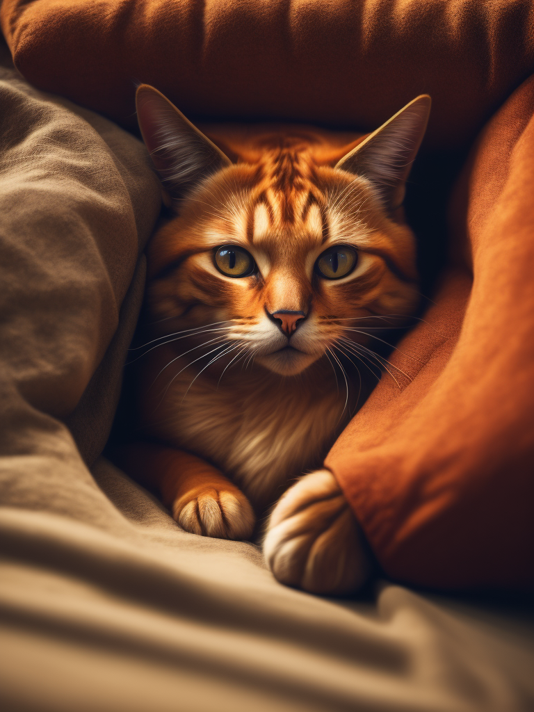 Рыжий кот спит со смешным лицом на кровати с бежевым одеялом. В стиле реализм.