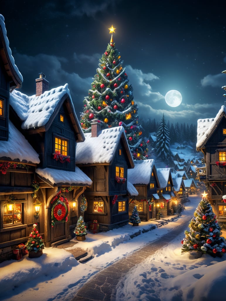 Snowy christmas night village with a focus on santa clause , christmas tree realastic image