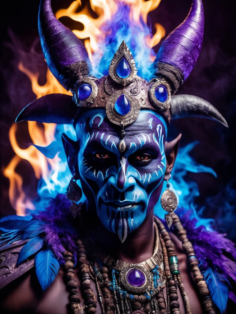 a witch doctor wearing a voodoo mask, surrounded by blue and purple flames, high quality cinematic lighting, fantasy, magical, dreamy, unique