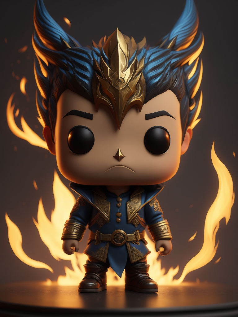 Full body 3d render of funko pop FIRE PHONIX IN blue JACKET, Indonesian face, smile