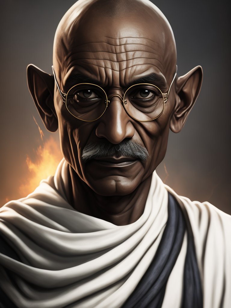 Gandhi as a futuristic half-human half machine warrior ready for the combat