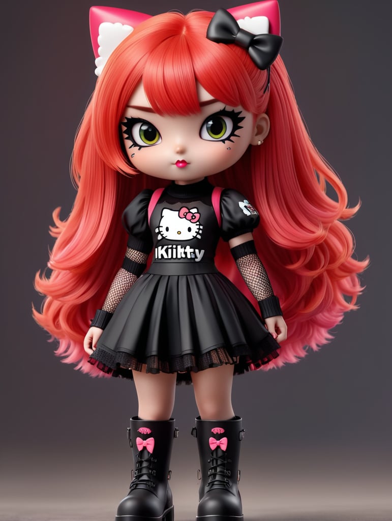 3d hello kitty anime girl with half black half ginger hair with fringe, emo makeup with fake eyelashes, black dress, fishnets and heavy boots