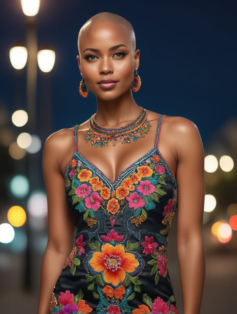 Beautiful hot bald black woman with freckles, wearing a colorful, vibrant, detailed embroidered dress, medium-full shot, at night