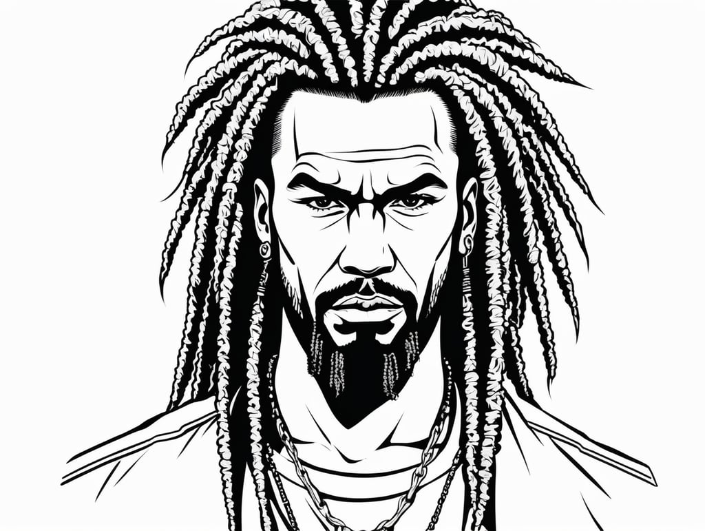 Very arrogant Gangster with dreadlocks, in the style of basic simple line art vector comic art on white background