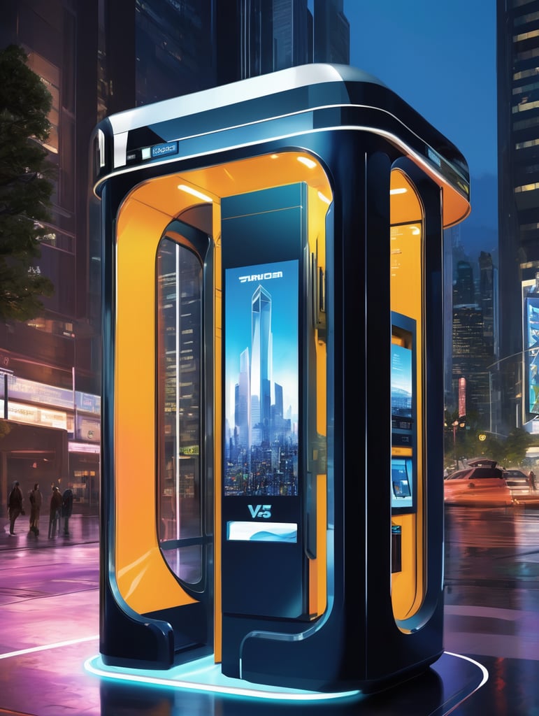 A sleek, state-of-the-art telephone booth with cutting-edge technology and solar power integration, presented through a professional digital illustration style. In the spirit of concept artist Syd Mead, this image showcases a futuristic, cityscape backdrop. The booth exudes minimalism and sophistication with its clean lines and advanced touchscreens. The color palette is a mix of cool, futuristic blues and vibrant, eco-friendly greens. Facial expressions are determined and focused, bathed in the glow of a digitally enhanced atmosphere, demonstrating the embodiment of professionalism in modern technology. --v 5 --stylize 1000