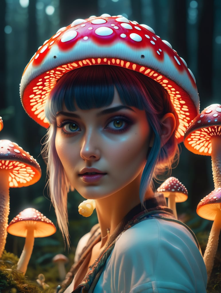 Girl amanita muscaria, psychedelic, trippy, extremely detailed vibrant, cinematic lights, hyper realistic, hyper detailed, Sony Alpha α7, photorealistic, wearing glass, bunny hairstyle