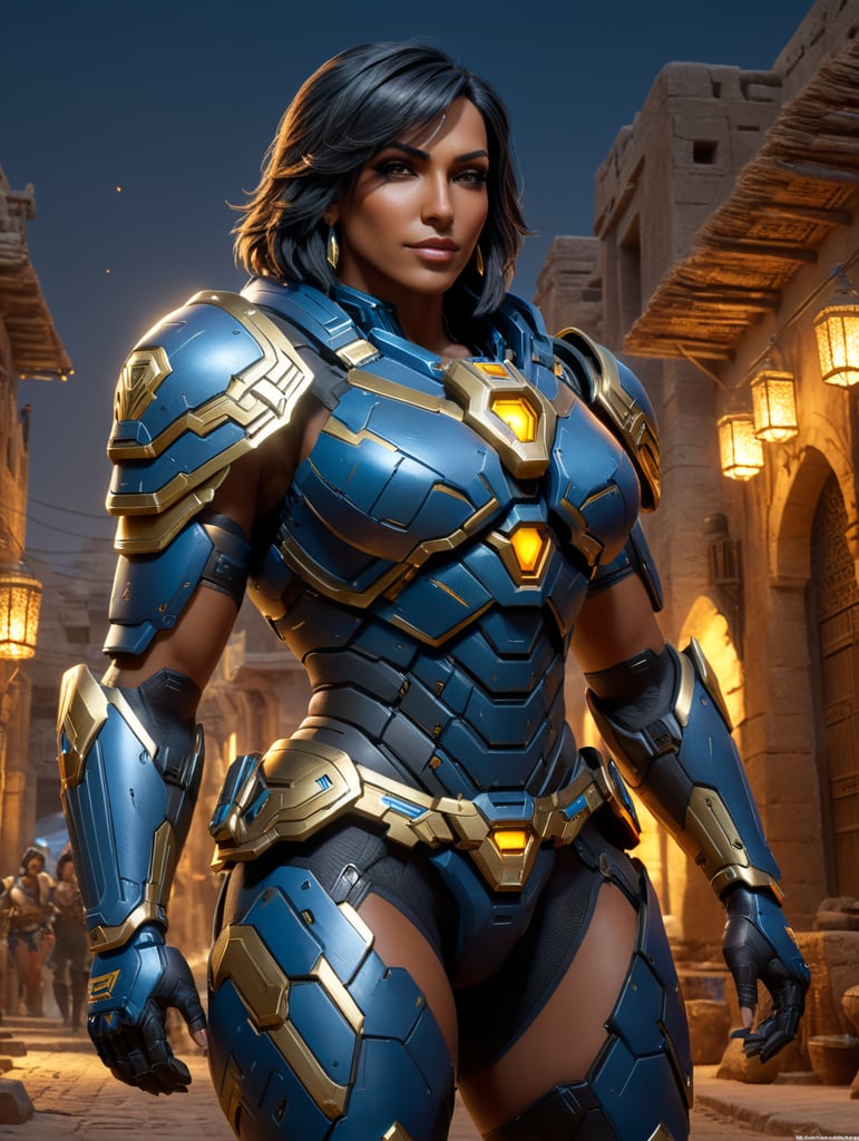 Pharah character from overwatch game, realistic, 4k, in a Egypt town, glowing accents, fullbodypose,