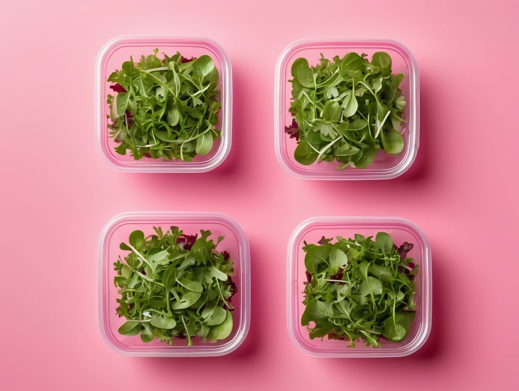 blank Transparent Plastic Container with Arugula Salad, isolated, pink background, Mockup, mock up