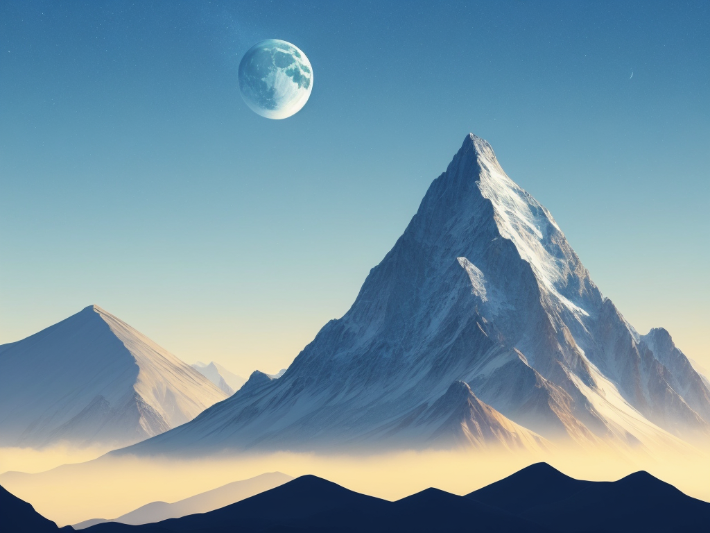 silver futuristic mountain with yellow sky and blue moon, art style, science fiction city background