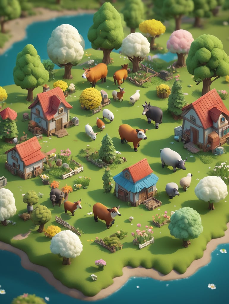 Detailed 3d farm island, fluffy trees, animals, working people, cute creatures, gathering place, flowers, game art style, 3d model, blender modeling, stylized, isometric, tinye style, cute, postcard style, miniatures