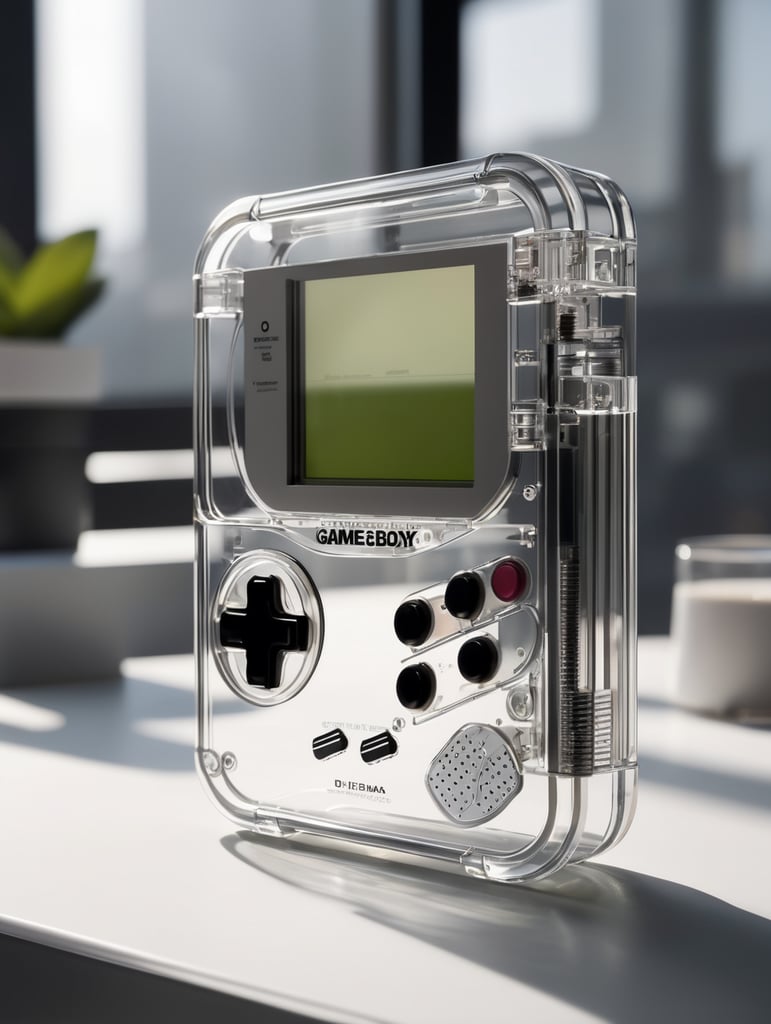 A see through polycarbonate game boy designed by dieter rams. industrial design inspiration. unreal engine render, natural lighting, on desk, beautiful shot