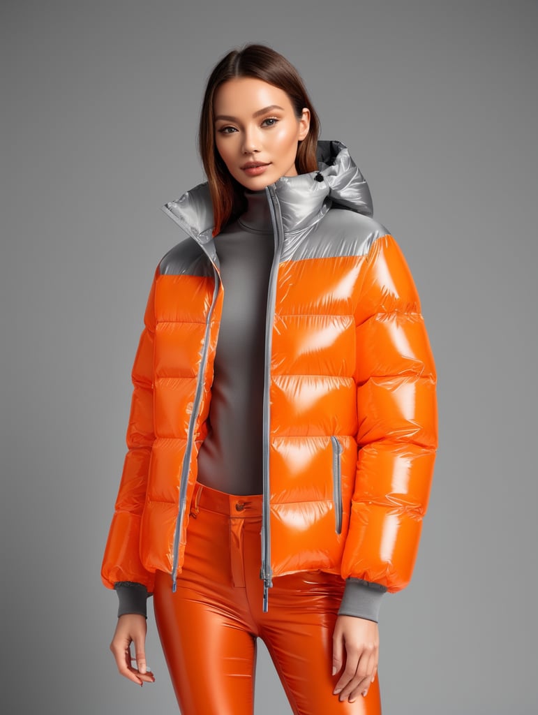 Inflatable vibrant orange minimalist women's puffer jacket, transparent, isolated, grey background, mockup