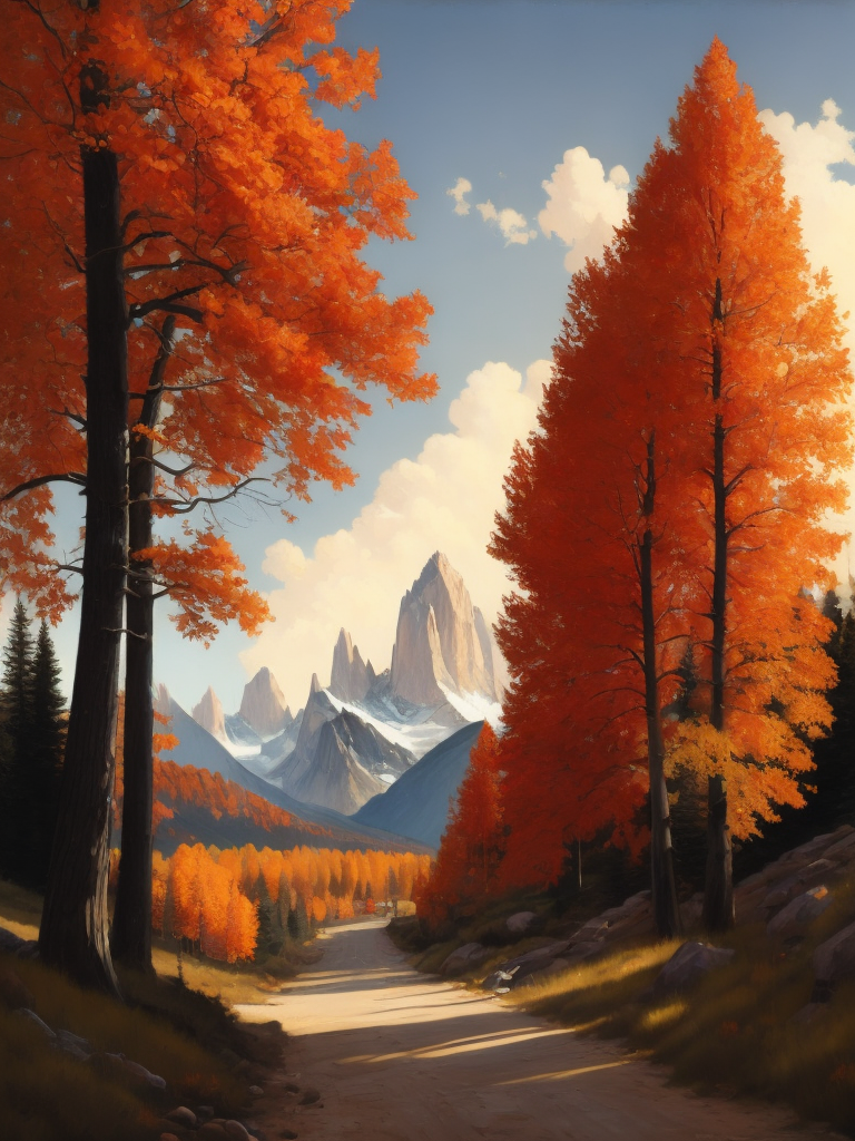 Painting by sargent and rhads and leyendecker and greg hildebrandt evening sky, low thunder clouds foothpath with trees at indian summer with zugspitze fitz roy in background, colours green, red, blue black and white