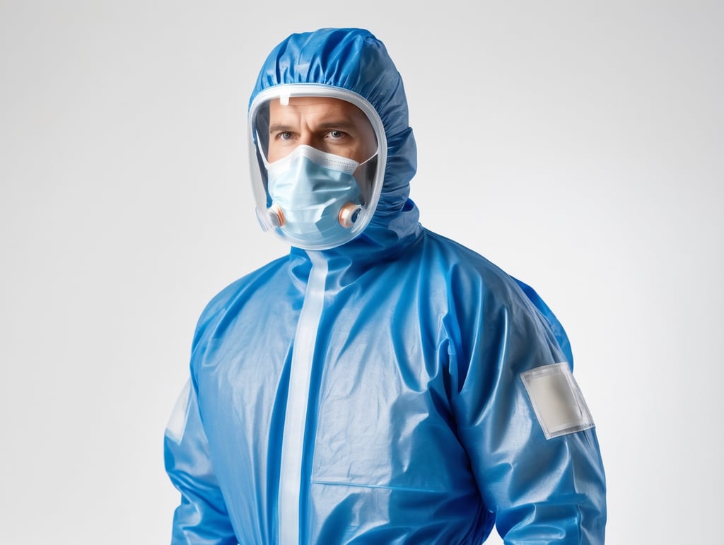 A realistic photo of a man wearing blue medical protective suit, disposable coveralls with breathable fabric, isolated, white background