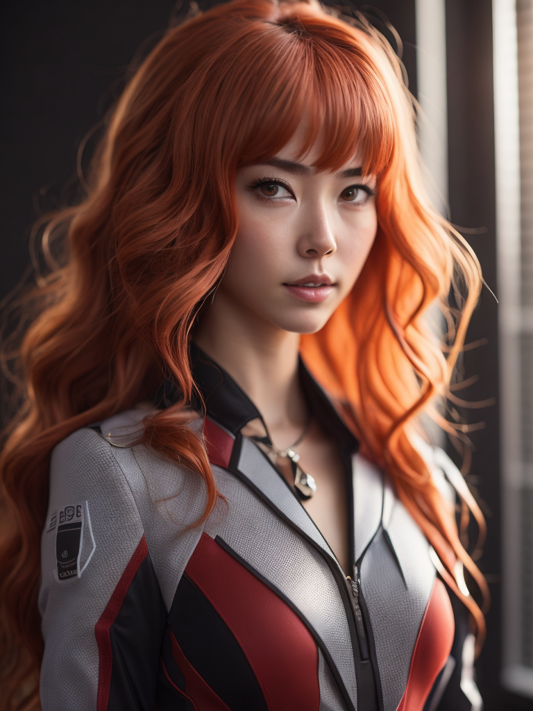 (best quality, masterpiece, colorful, dynamic angle), (asuka langley), upper body photo, fashion photography of cute red long hair girl, dressing evangelion red suit (high resolution textures), in dynamic pose, bokeh, (intricate details, hyperdetailed:1.15), sunlight passing through hair, monocromatic splash art background, high contrast, official art.