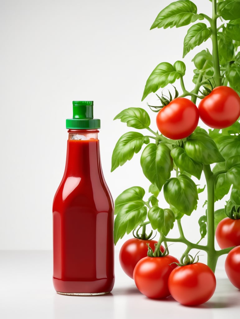 tomato ketchup bottle, red tomato with green leaves, isolated, white background