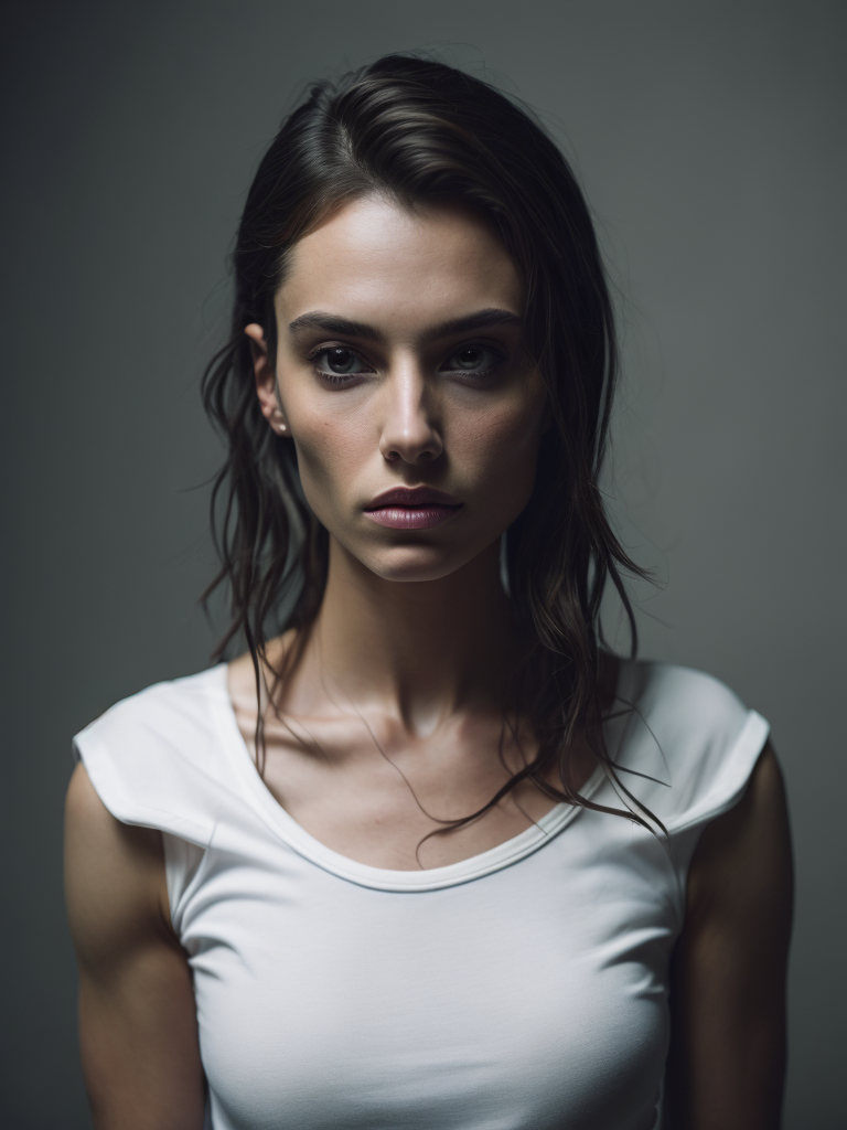 a torso of a women wearing a white t-shirt, grey background
