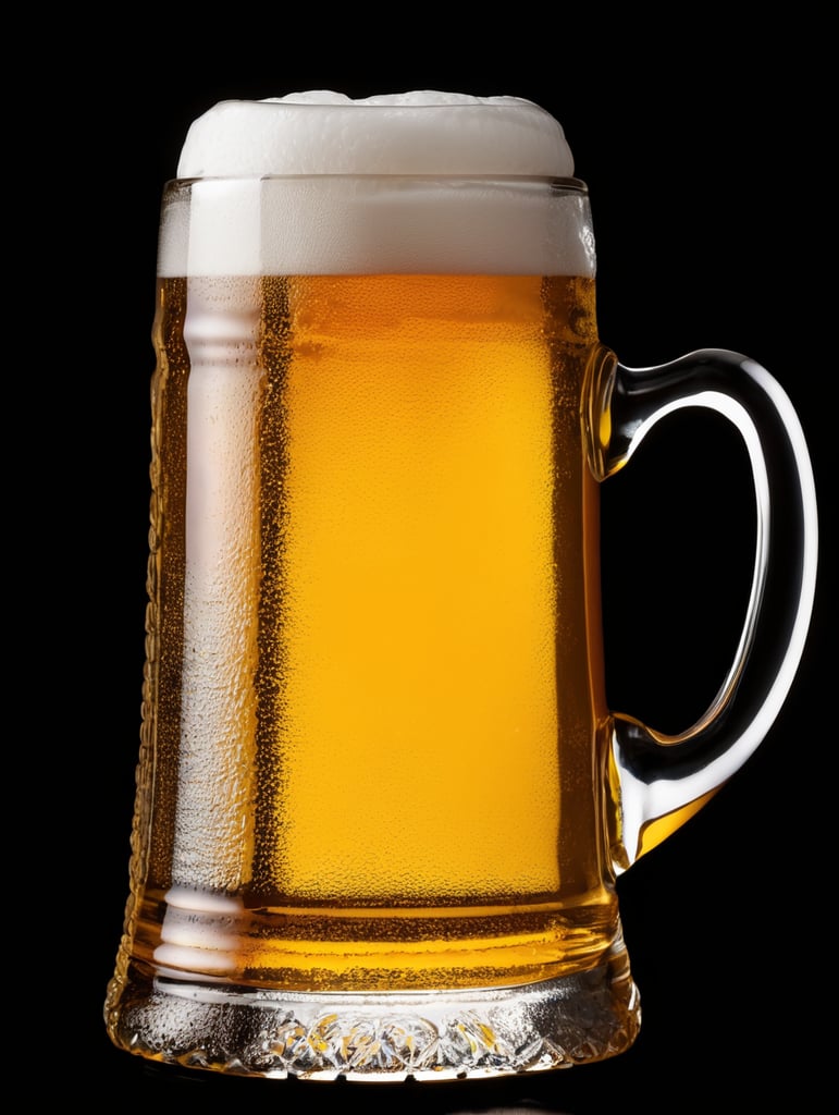 glass beer mug, isolated, black background, professional photo