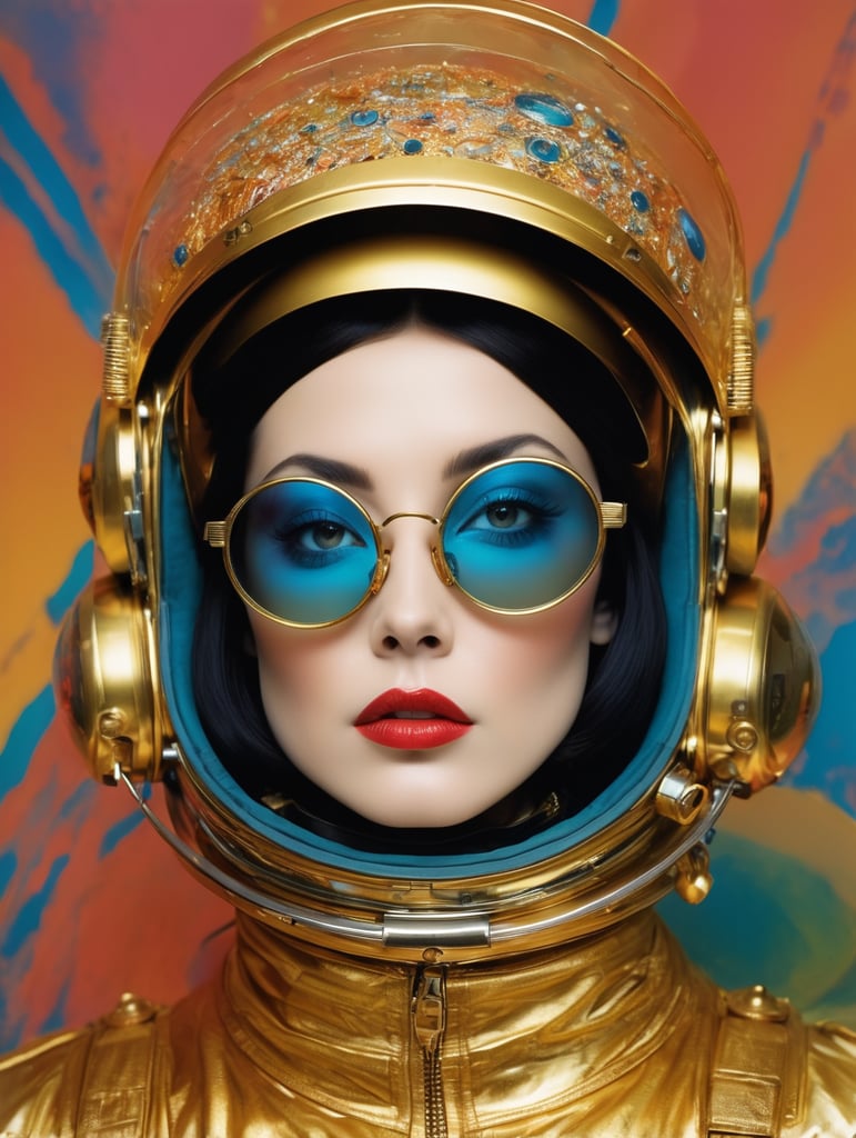 In 1998, abstract fashion photography captured a 1960s astronaut woman in a gold spacesuit with a large helmet and glasses. The art, created by Victor Moscoso and Bridget Riley, used Kodak Ektar 100 film. Carne Griffiths added a touch of magic with fluid art, while artists like Conrad Roset, Ilya Kuvshinov, Mark Fielding, and Zwy Studio emphasized high lights in the eyes. Sergio Lopez and Natalie Shau also contributed to the artwork.