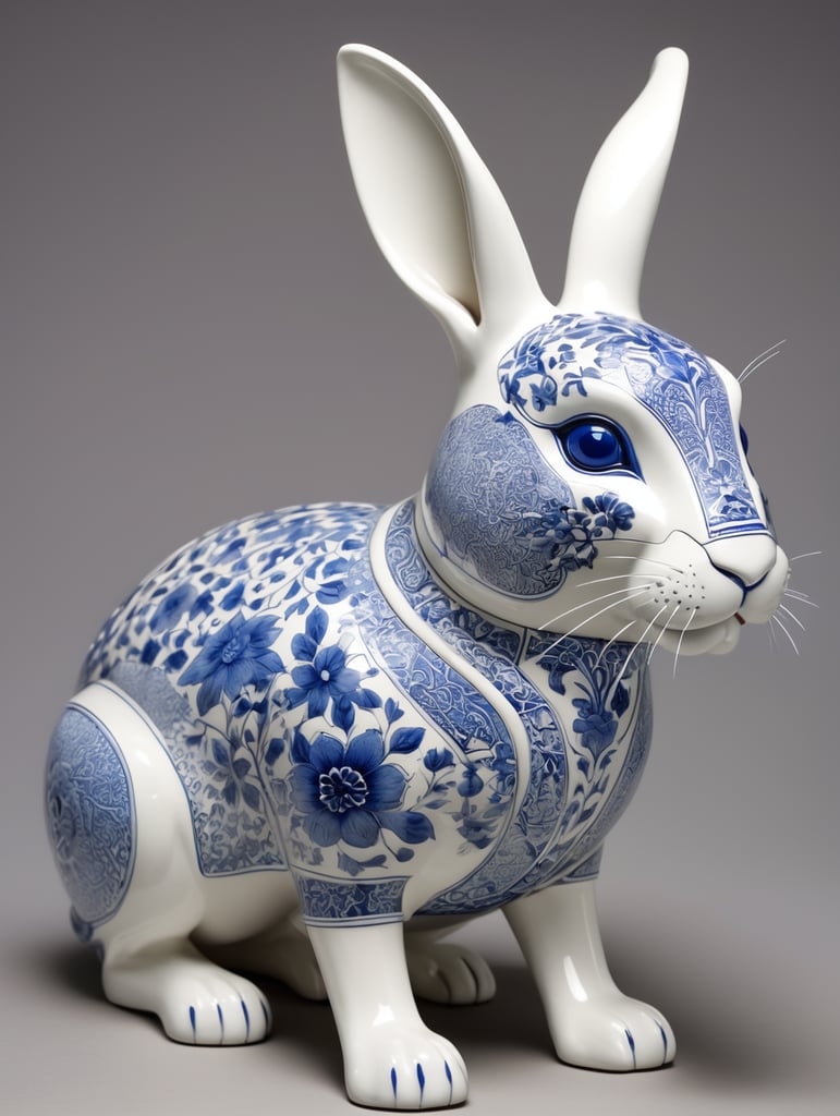 a chinese rabbit made of white ceramic with blue ink, stunning intricate designs, ((geometric and floral patterns, fine art))