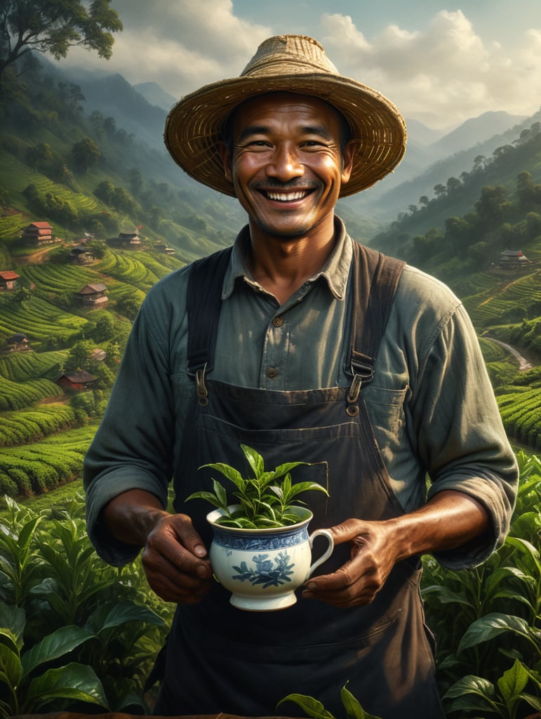 a smiling tea farmer holding tea in his hands
