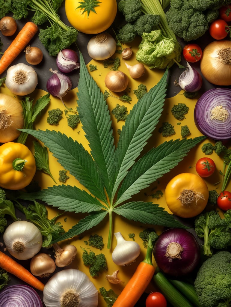 Photorealistic cannabis leaf surrounded by vegetables including garlic, mushrooms, and onions on an all over vivd yellow background