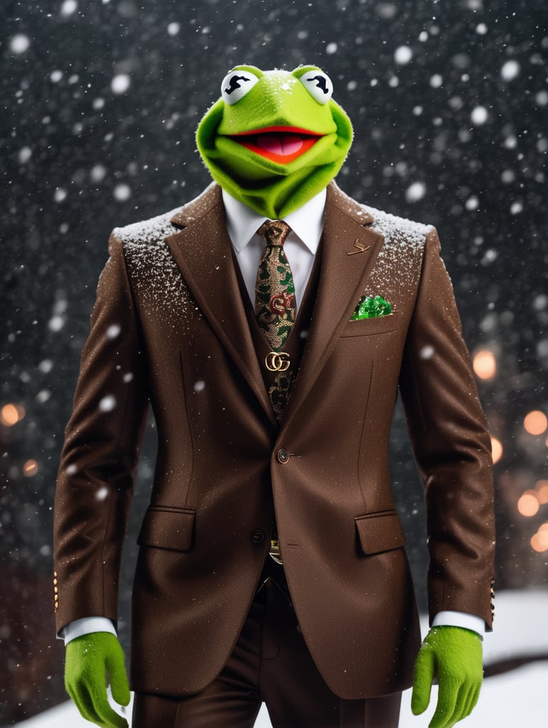 Kermit the frog wearing a brown gucci suit, gucci promo photo, 8k photo, snowing outside, dark hues, 8k photography, studio lighting, promo