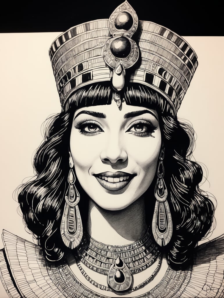 Happy Cleopatra, Ink pen sketch, low light, low detail,