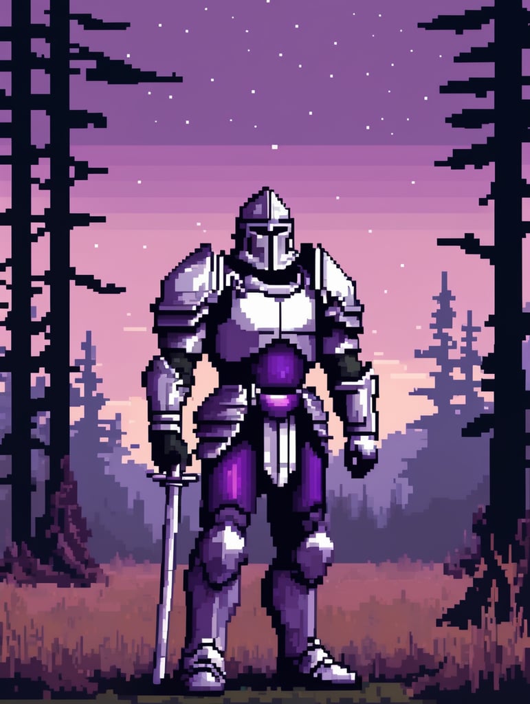 8-bit Pixel art, square bog pixels, flat colors, sad soldier with silver armor, purple sky with dark forest background