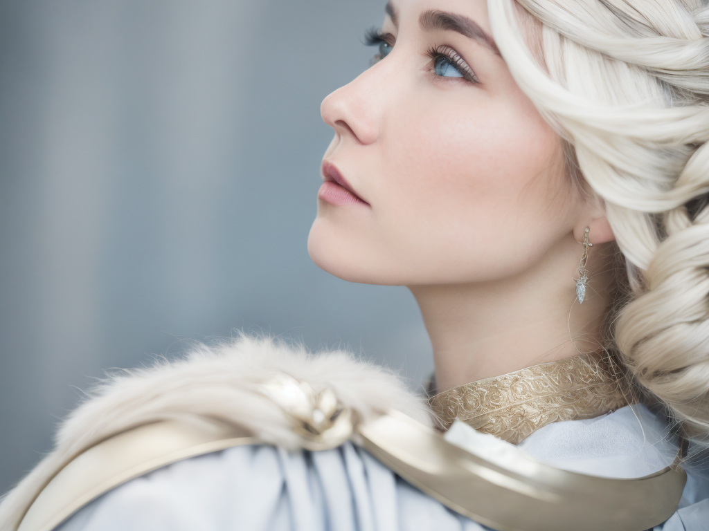 Elsa, Elsa cosplay Disney Frozen, a woman with a braid in her hair looking into the distance with a blue background and a gray wall, a storybook illustration, magical realism, Alice Prin, bravely default inspired